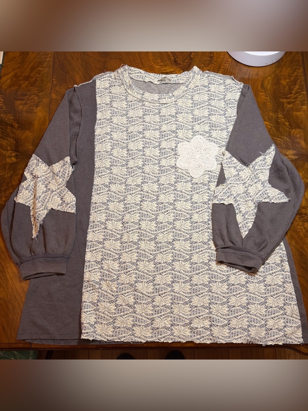 NWOT POL S Gray Mixed Media Long Sleeve Top | Lace Star Appliqué | Boho